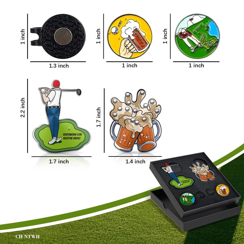 CH NTWH Funny Golf Ball Marker Magnetic Hat Clip for Putting Green - Premium Golf Accessories and Gift - Enhance Golfing Experience - 4 Markers with 2 Hat Clips