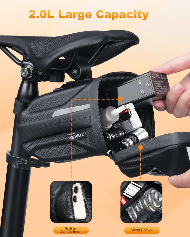 POWVINE Bike Saddle Bag with Taillight, 2.0L Waterproof & Easy-Install Bicycle Saddle Bag, 3D Shell Cycling Seat Pack for Road/E-Mountain Bikes, Durable Storage Bag for Cyclists