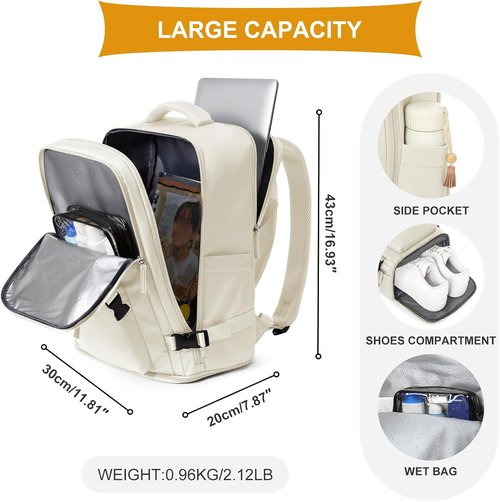 Coowoz Travel Backpack - Airline Approved, Waterproof Rucksack for Hiking & College | Fits 15.6 Inch Laptops - Beige