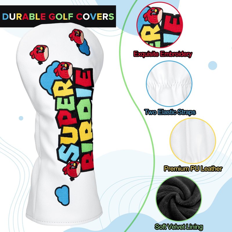 Golf Club Head Covers, Super Birdie Design Golf Driver Covers, Fairway Wood and Hybrid Head Covers with Interchangeable Tags, Premium PU Leather Golf Club Covers(Hybrid)