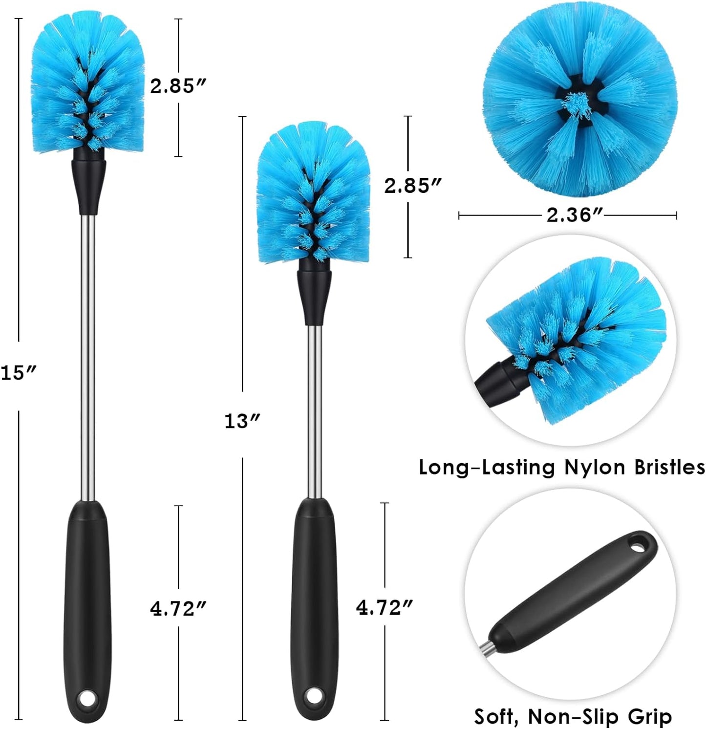 MOSOLAN Stainless Steel Water Bottle Brush - Long Handle for Easy Cleaning | 2 Pack (13-15 in)