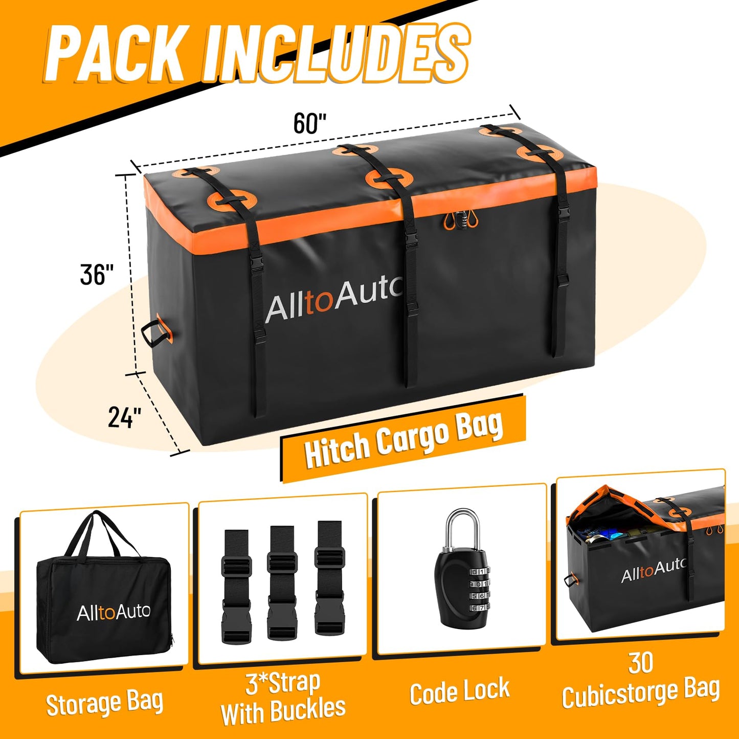 AlltoAuto 30 CuFt Waterproof Cargo Bag for Hitch Carrier | 60"x24"x36" Trailer Hitch Cargo Carrier | Weatherproof Truck Bed Storage with Straps, Lock & Carry Case | PVC Vehicle Soft-Shell Carriers