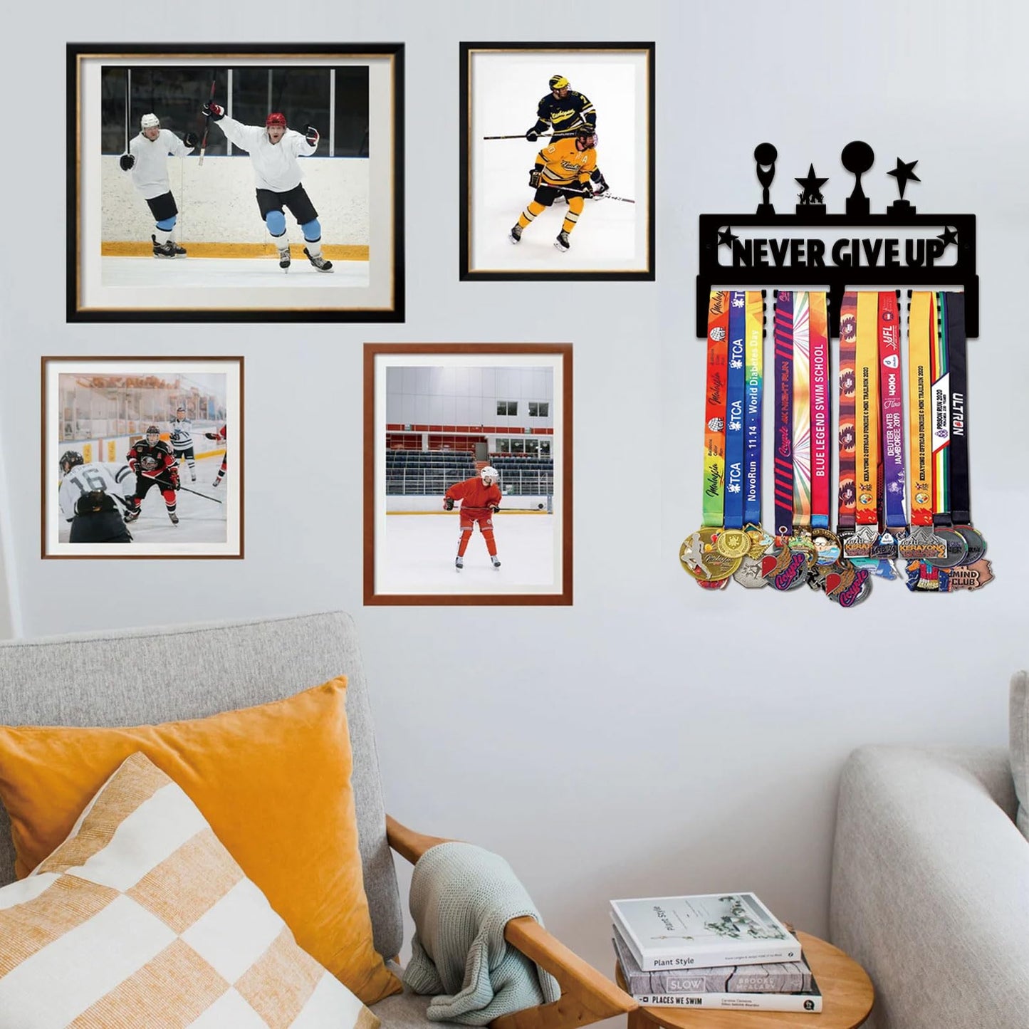 Resama Metal Holder Display Hanger Rack Frame- Metal Awards Rack for Walls Holds 40+ Never Give Up Sports Medals Hanger Ribbon Display Holder Rack with Easy Hanging