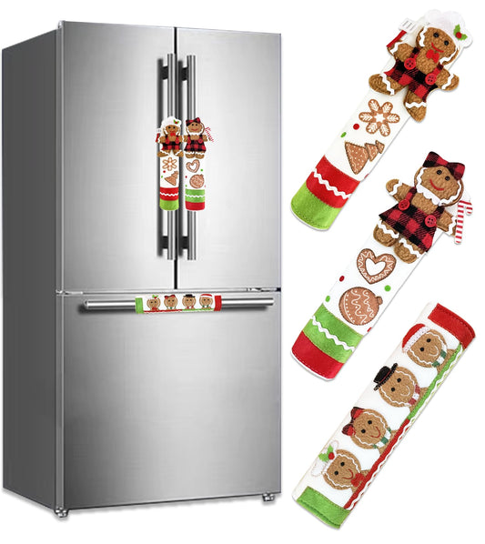 PTFNY 3 Piece Set Christmas Gingerbread Refrigerator Door Handle Covers Appliance Handle Covers Christmas Gingerbread Decorations Fits Standard Size Kitchen Refrigerator Microwave Oven Or Dishwasher