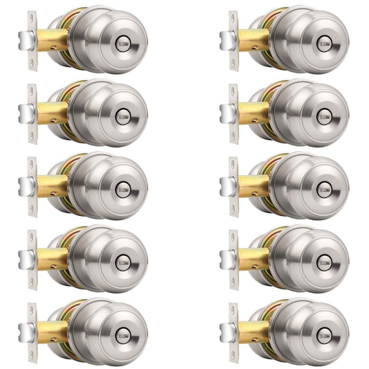 Probrico Brushed Nickel Bed/Bath Door Knobs, Satin Ball Door Knob, Interior Door Knobs for Bedroom Bathroom, Privacy Function, 10 Pack