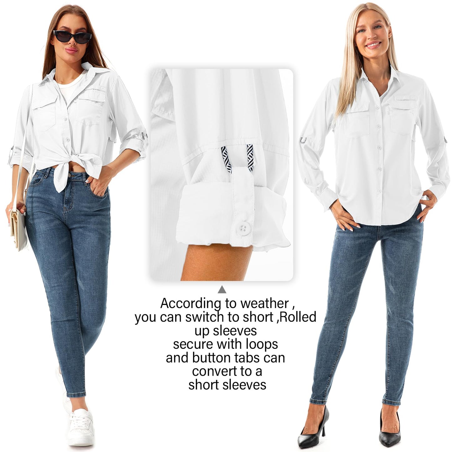 Womens Safari Shirts Long Sleeve Outdoor Sun Protection Quick Dry Fishing Hiking Shirts (5026 White S)