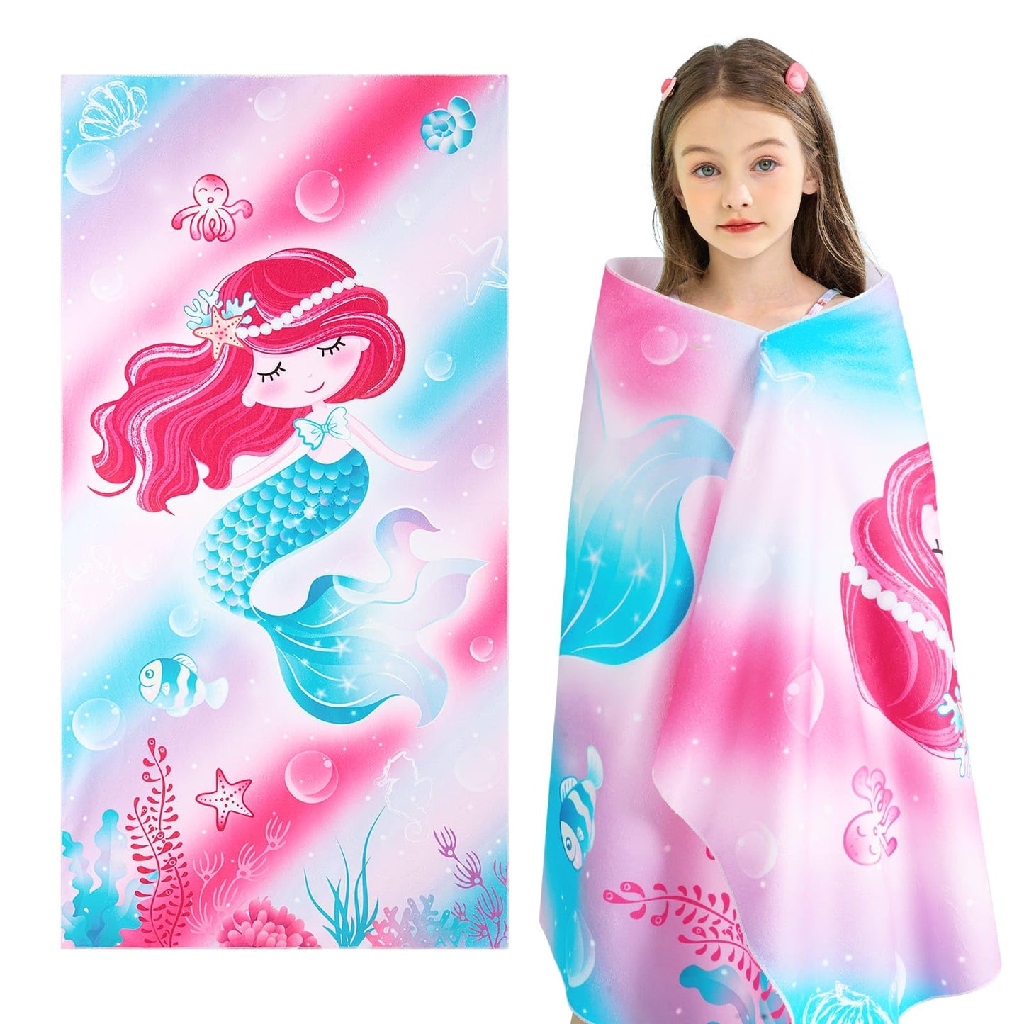 WERNNSAI Mermaid Kids Beach Towel - 30” x 60”Mermaid Sand Free Towels for Girls Quick Dry Swim Towel Beach Blanket Ultra Absorbent Light Beach Towels Travel Towel