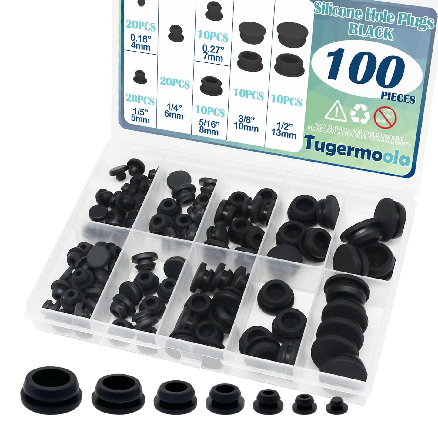 Tugermoola 100PCS 7 Sizes Rubber Hole Plugs Assorted for Round Holes 1/5" 1/4" 5/16" 3/8" 1/2" Silicone Plug Black