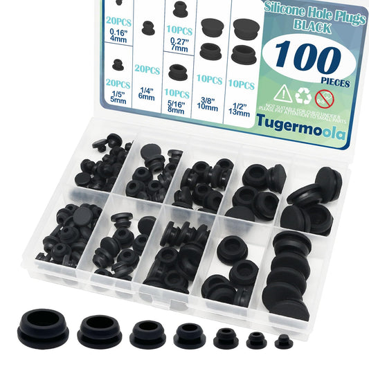 Tugermoola 100PCS 7 Sizes Rubber Hole Plugs Assorted for Round Holes 1/5" 1/4" 5/16" 3/8" 1/2" Silicone Plug Black