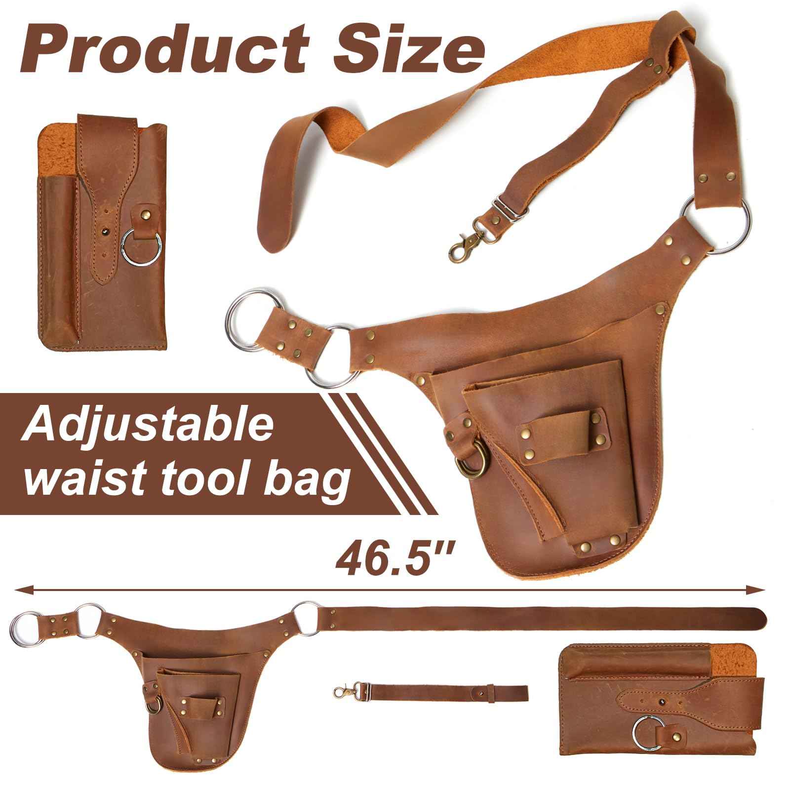 VGJ Leather Garden Tool Belt- Small Tool Belt-Tool Belts For Men,Gardener Gifts-Womens Tool Belt Bag,Florist Tool Belt Holster,Gardening Tool Belt,Electrician Carpenter Organizer, Natural Brown