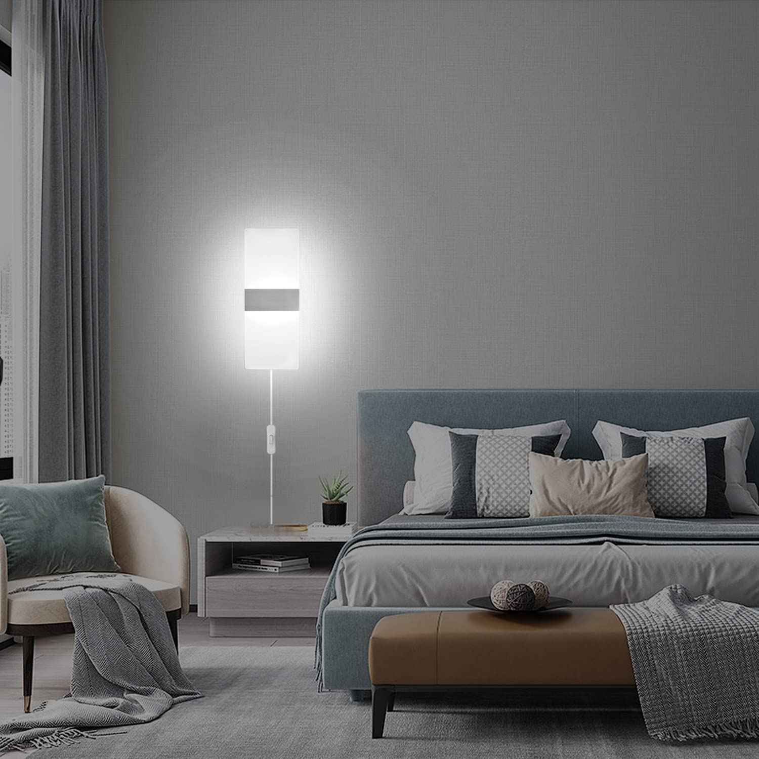 KICAAO Wall Sconces, Modern Wall Sconce Plug in 10W 6000K Cool White Acrylic Wall Lights with 6FT/180cm Plug in Cord and On/Off Switch on The Cord (1 Pack)