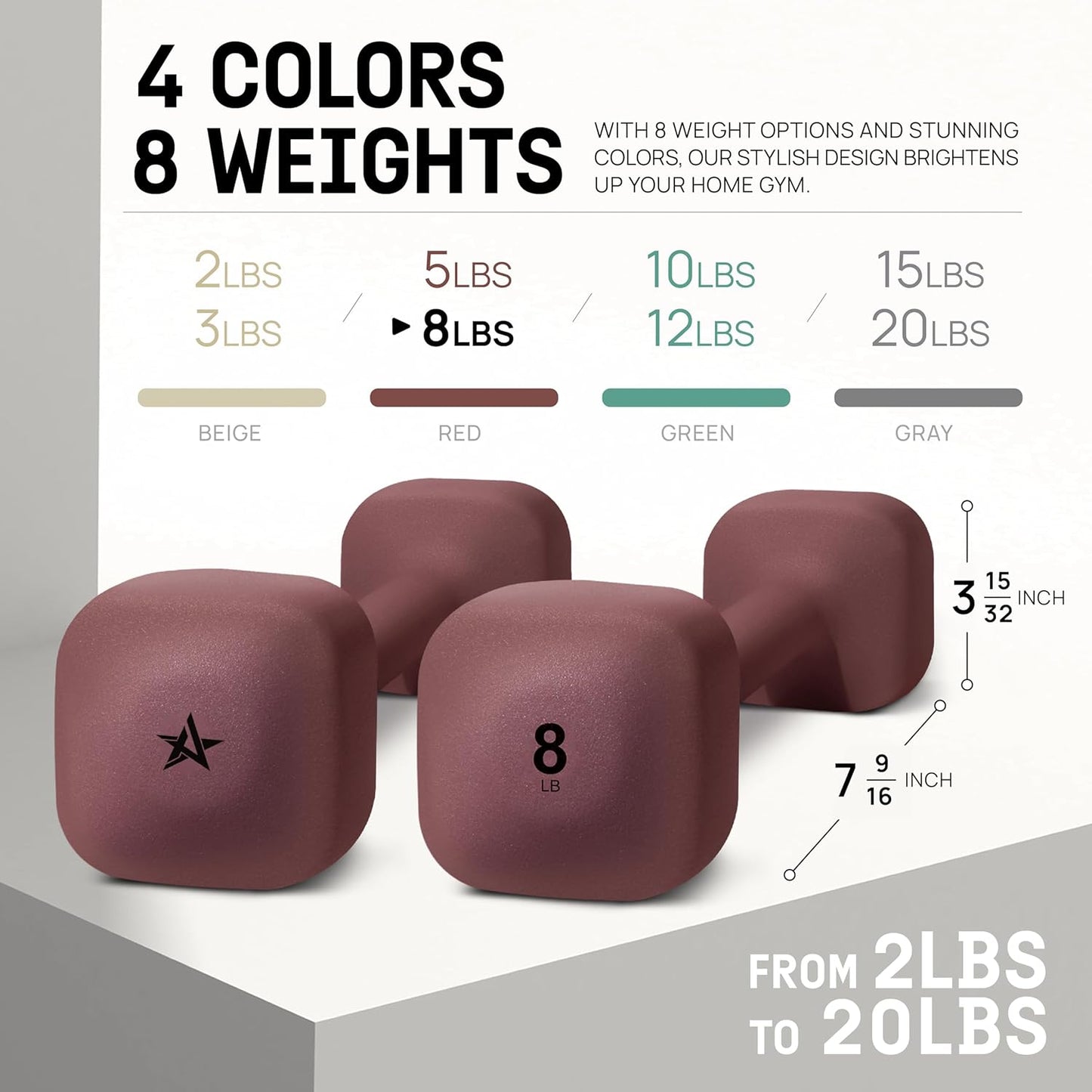 Yes4All Square Neoprene Dumbbell Set - Anti-Roll, Anti-Slip Hand Weights for Home Gym | 2lb - 20lb, 4 Colors