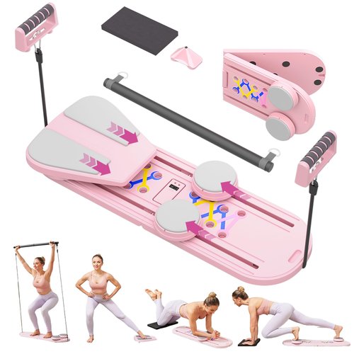 Pilates Reformer A Foldable Portable Full Body Exercise Pilates Board Unisex Multi Functional Core Strength Pilates Training Board Multifunctional Fitness Gear for Home Gyms & Studios (Pink)