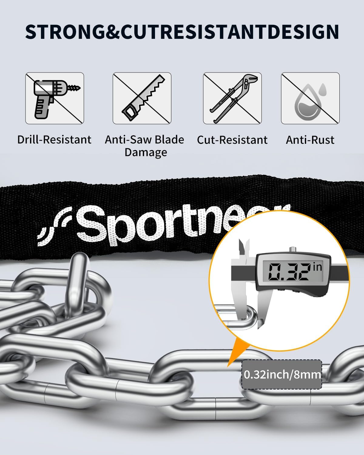 Sportneer Bike Lock - High Security 8mm Thick Anti-Theft Chain Lock | 3.2/4ft Heavy Duty with 2 Keys