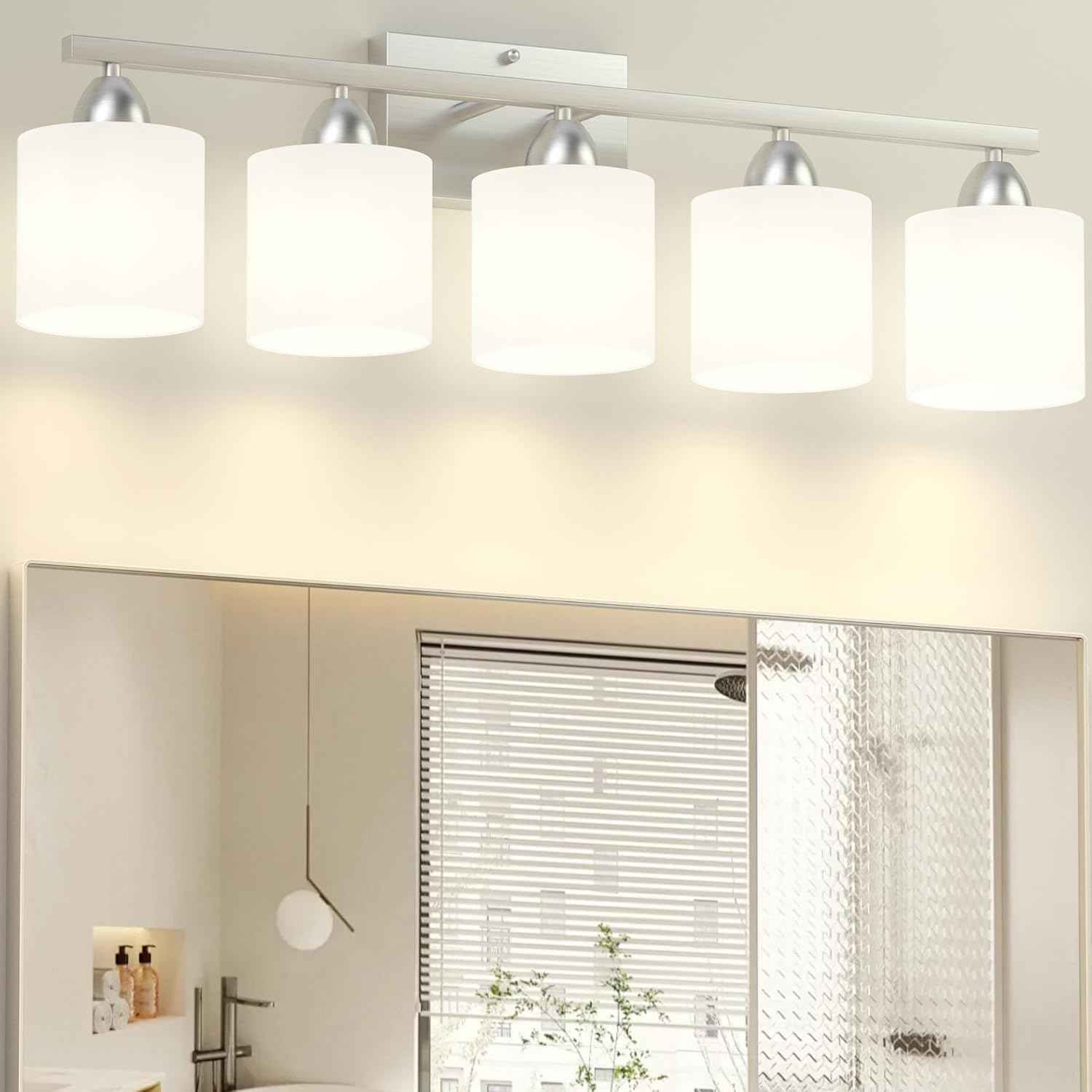 Modern 4-Light Bathroom Vanity Light Fixture - Anti-Rust Over Mirror Sconce with Milky White Glass Shades, E26 Base