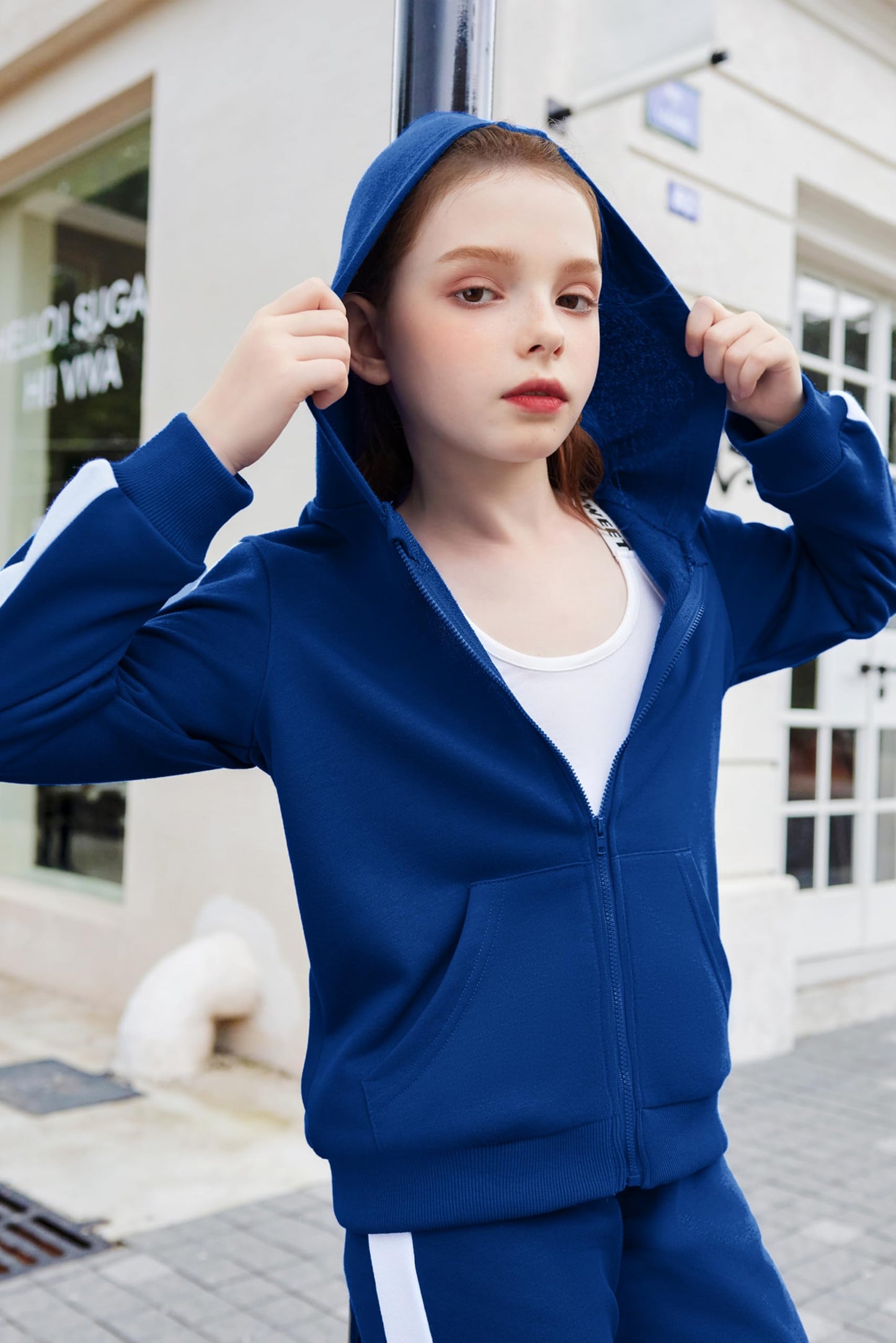 Zaclotre Girls 2 Piece Outfits Sweatsuit Zip Up Open Front Hoodie Sweatshirt and Sweatpant Sets Fall Outfits Navy 7-8 Years