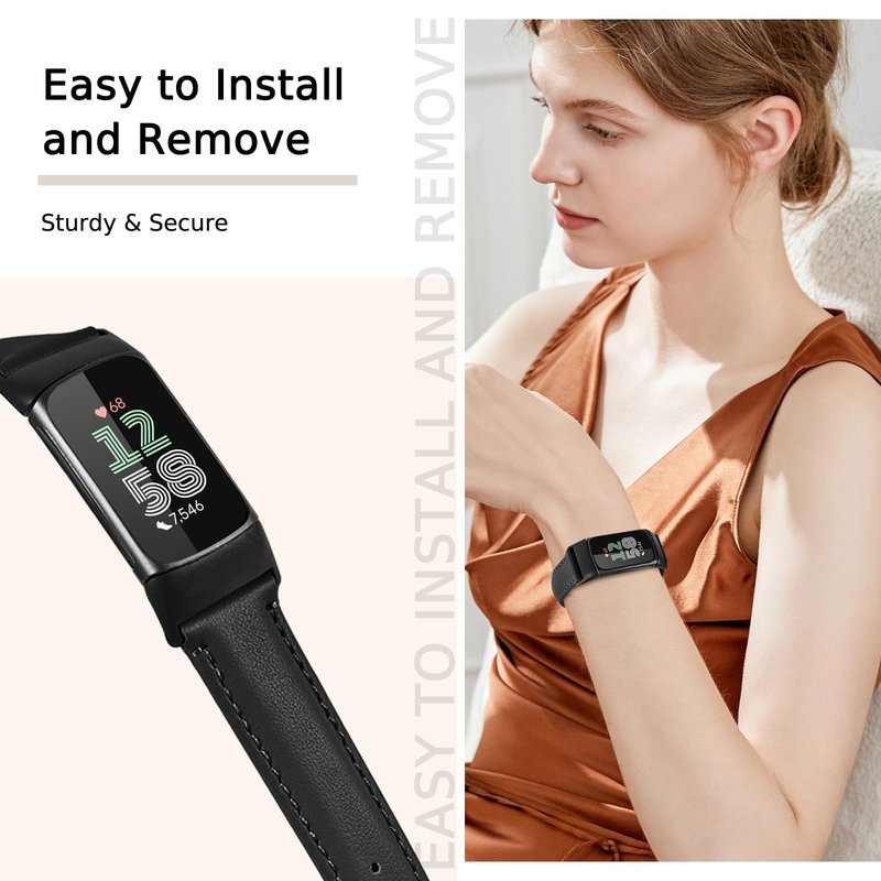 Farluya Leather Watch Bands Compatible with Fitbit Charge 6/Charge 5,Genuine Leather Replacement Straps for Charge 6/Charge 5 Accessories for Women Men.Black