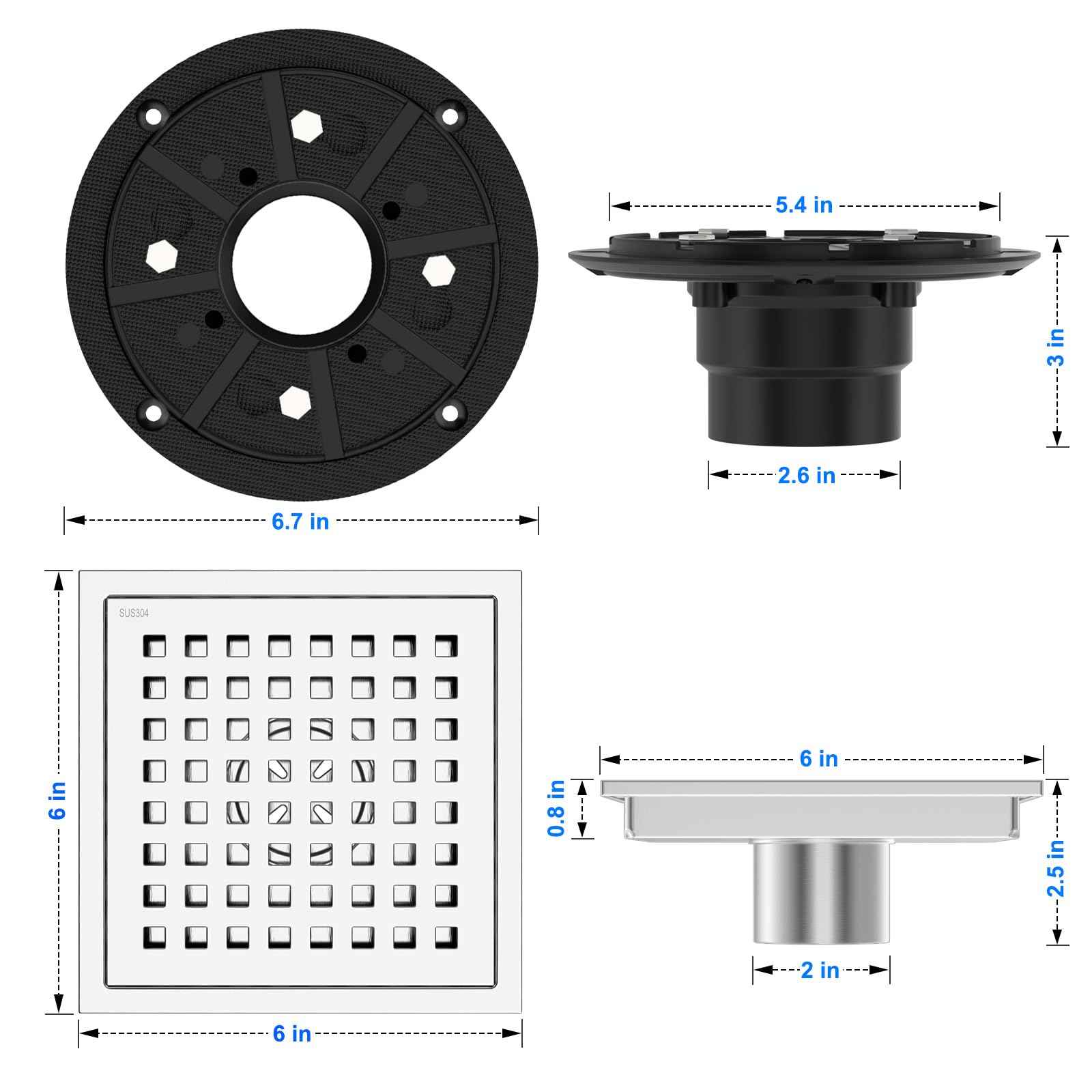 Premium 6 Inch Square Shower Floor Drain with Flange - Quadrato Pattern Removable Grate, Brushed Nickel Food-Grade SUS 304 Stainless Steel