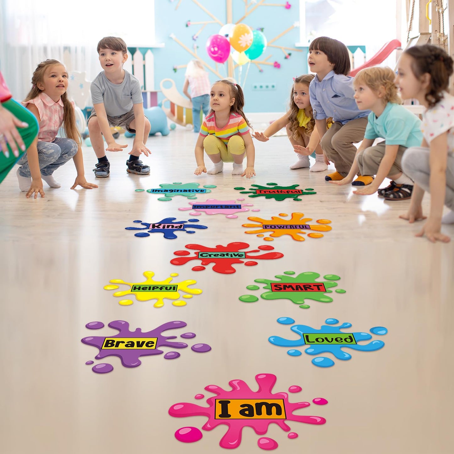 11 Sheets Inspirational Quotes Floor Decals,Ink Splatter Splotches Wallpaper Motivational Hopscotch Game Stickers Positive Saying Wall Decals for Classroom School Kindergarten Bedroom Nursery Floor