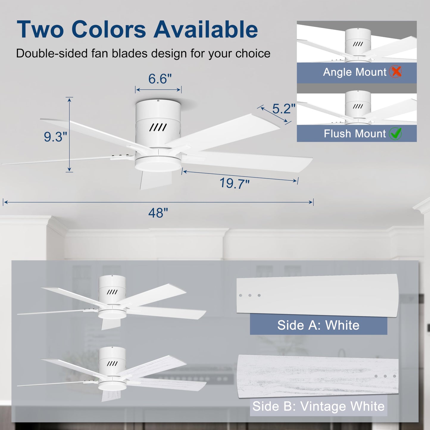 Ohniyou Ceiling Fan with Lights, 48" Flush Mount Ceiling Fan with Light and Remote, Low Profile, Silent DC Motor, Dimmable for Bedroom Living Room, White