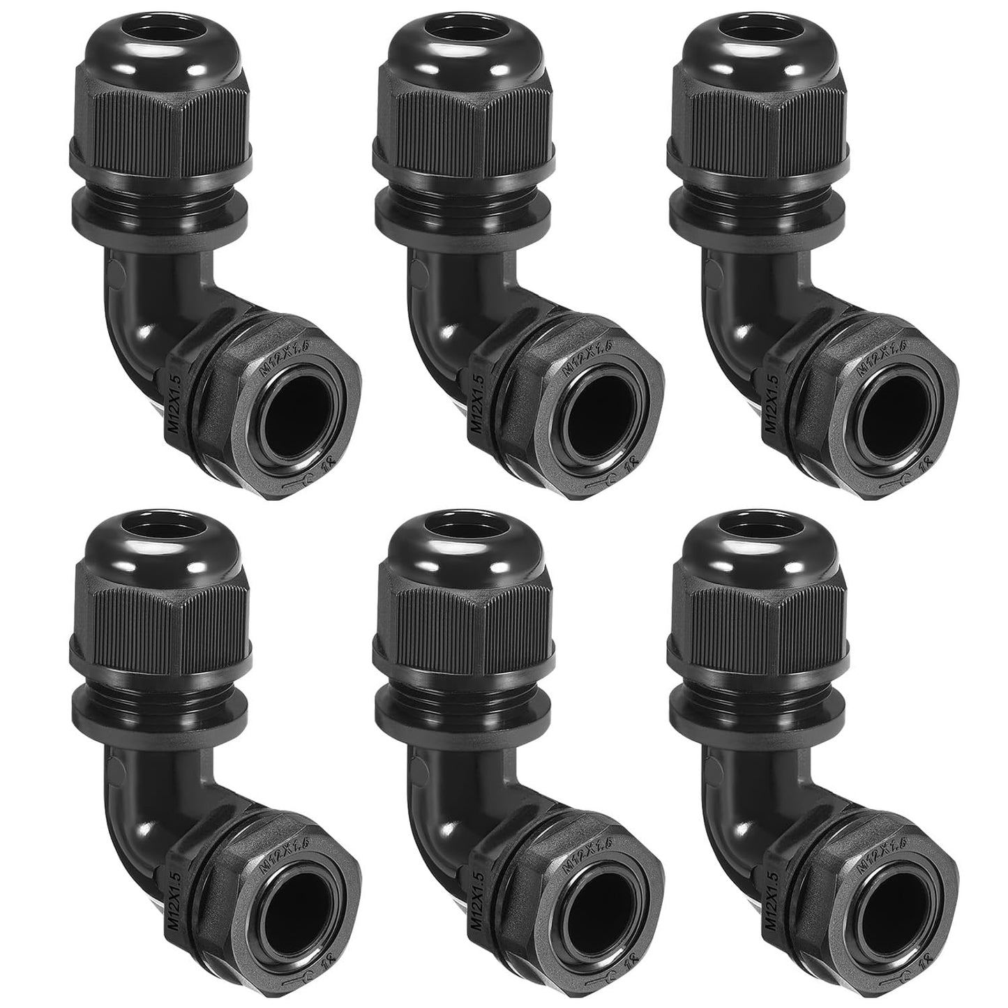 LeMotech M12 Cable Gland, 90 Degree Adjustable 4-8mm Strain Relief, Cord Connectors Nylon Joints with Gaskets, 6 Pcs, Black