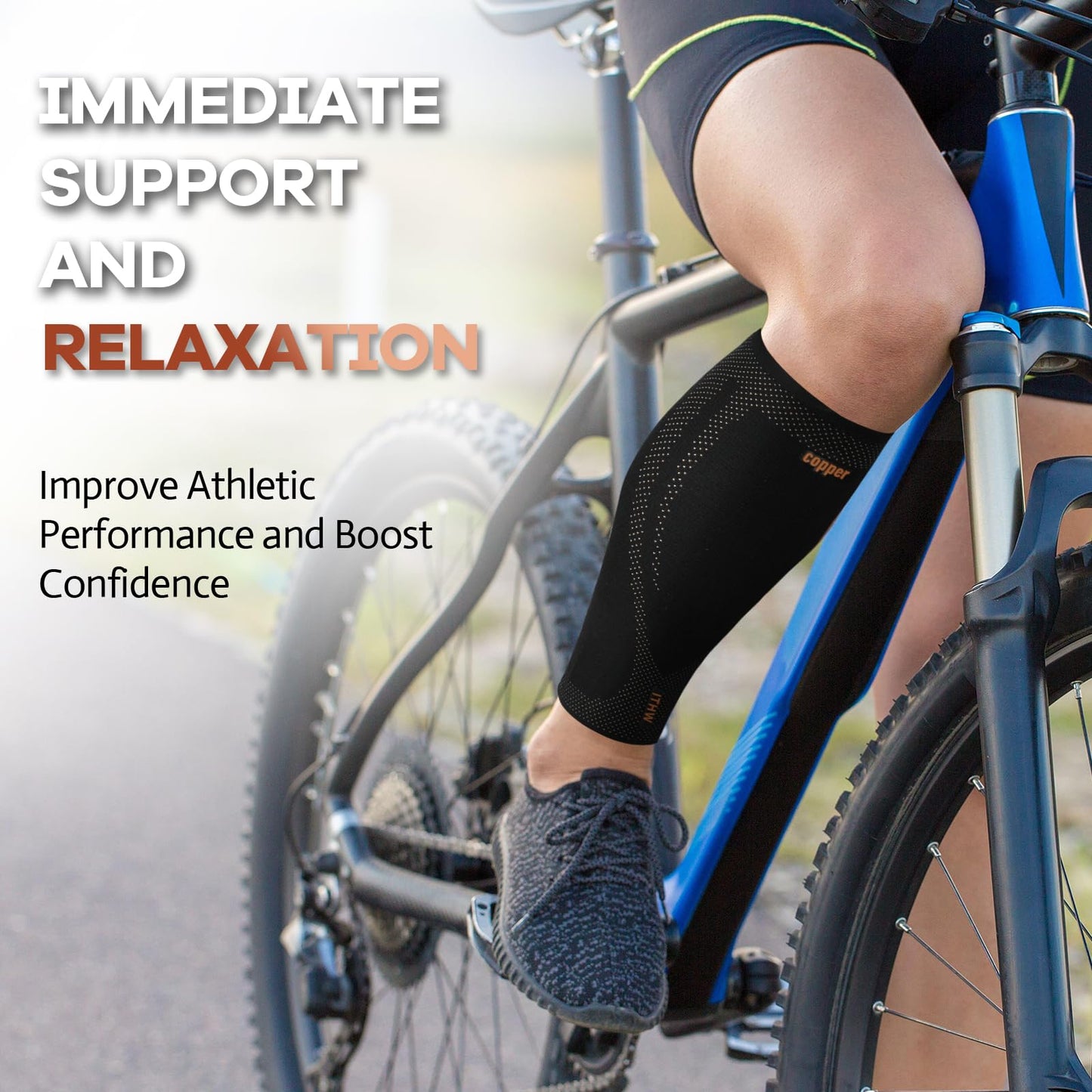 Copper Calf Compression Sleeves for Men & Women - High Stretch Graduated Compression with Anti-Slip Grip | Breathable & Smooth Lining Footless Design for Runners, Shin Splints, Leg Fatigue & Travel (1 Pair)