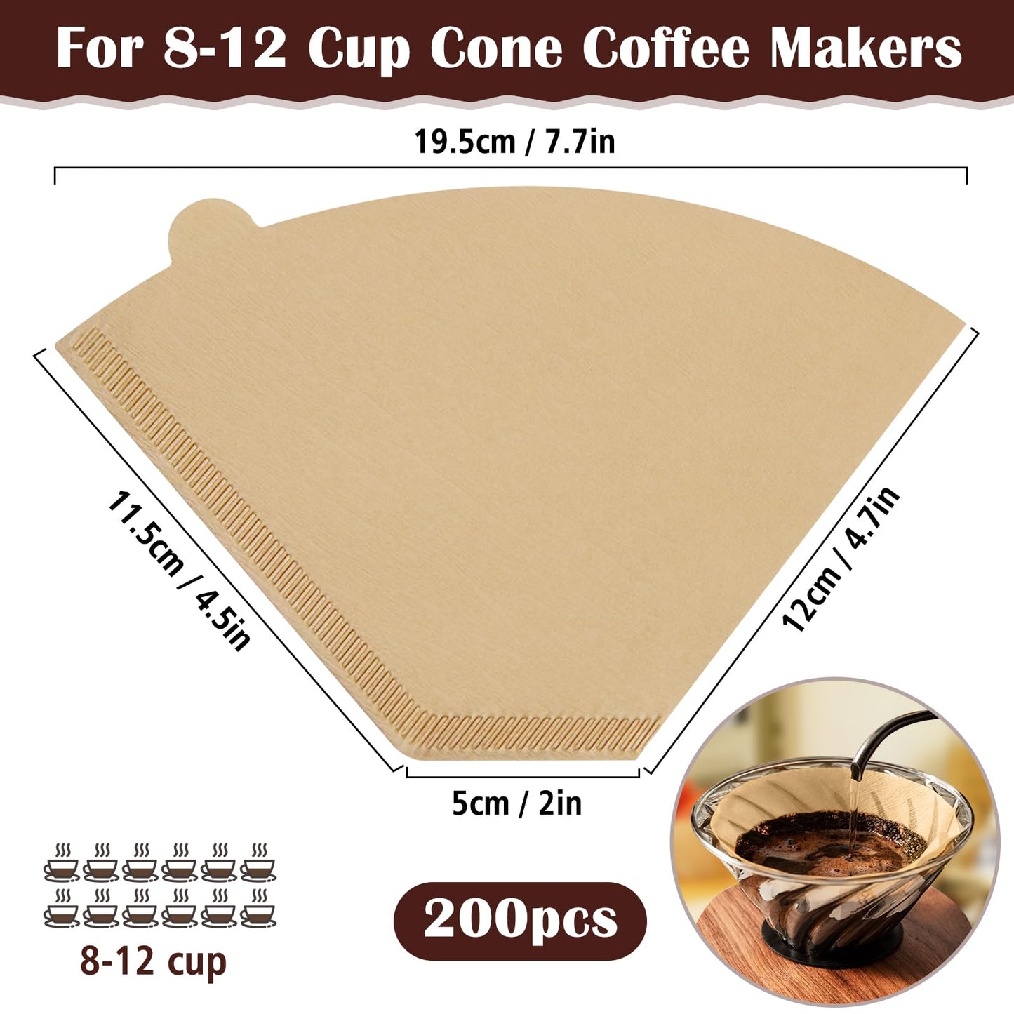 200 Count #4 Cone Coffee Filters 8-12 Cup, Natural Coffee Filters 4 Cone Paper fits for Pour Over and Drip Coffee Maker, Unbleached, Chlorine Free