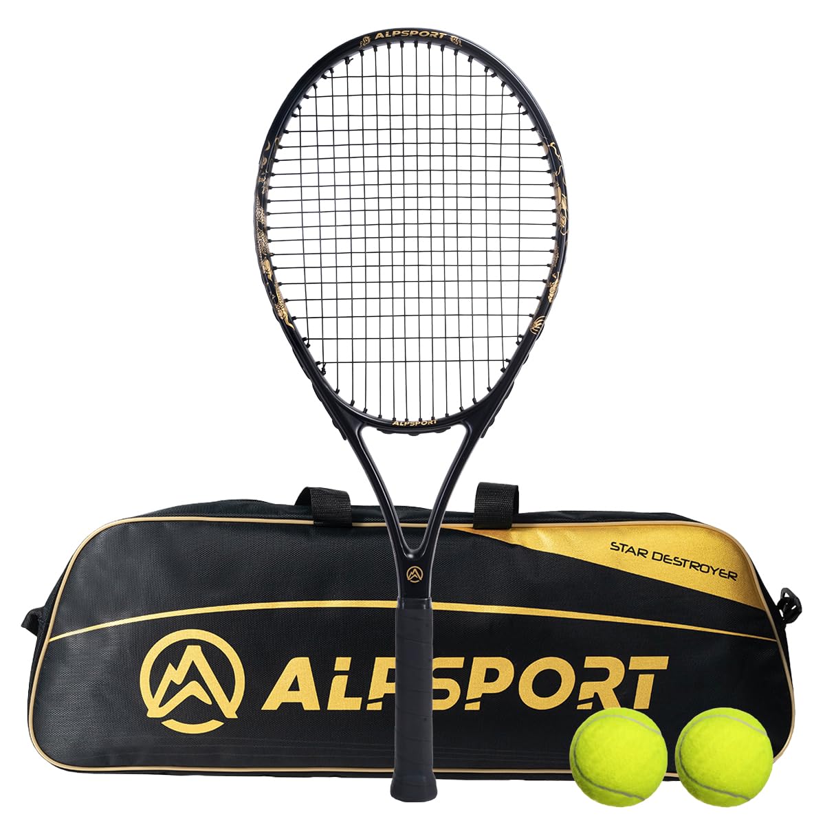 ALPSPORT JL Golden Dragon Pattern Tennis Racket for Adults 27 inch, Durable Pre-Strung Racquet with 1 Tennis Bag and 2 Tennis Balls, Outdoor Recreational Sport for Beginner Playing