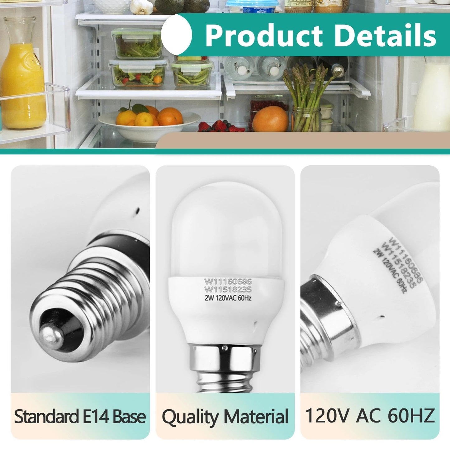 Gfdoso 2Pcs W11518235 Freezer Refrigerator Light Bulb - W11160686 Lamp Light Bulb Compatible with Kenmore Whirlpool Freezer Bulb 120V 2W Replaces W10473925 W10574850 PS16555179 W10865839