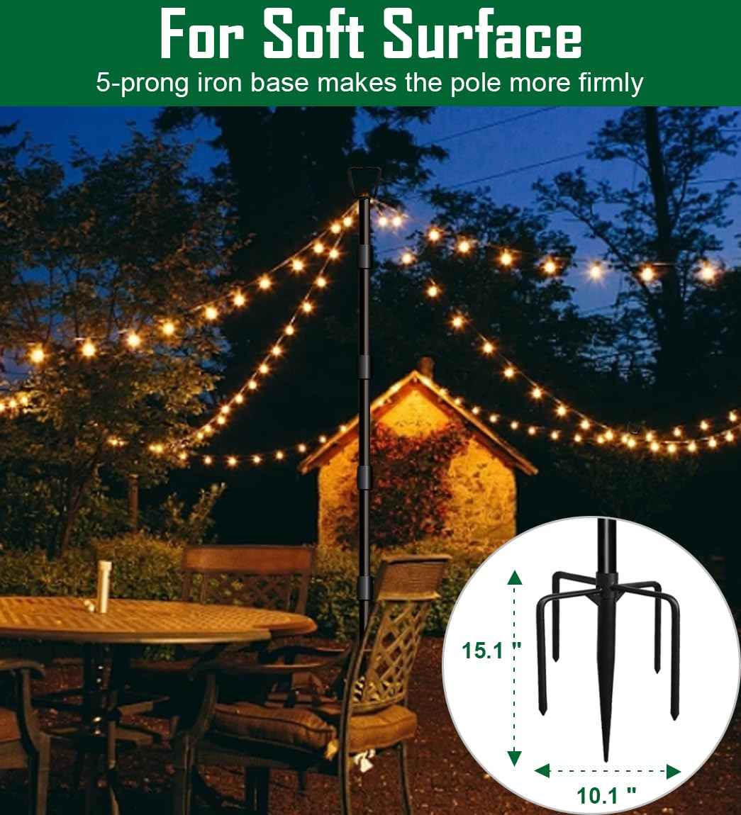 Tigerden 10Ft String Light Poles for Outside, Adjustable Metal Poles for Outdoor String Lights, Rustproof & Sturdy Light Stand Posts for Patio, Backyard, Deck, Garden, Party Decorations