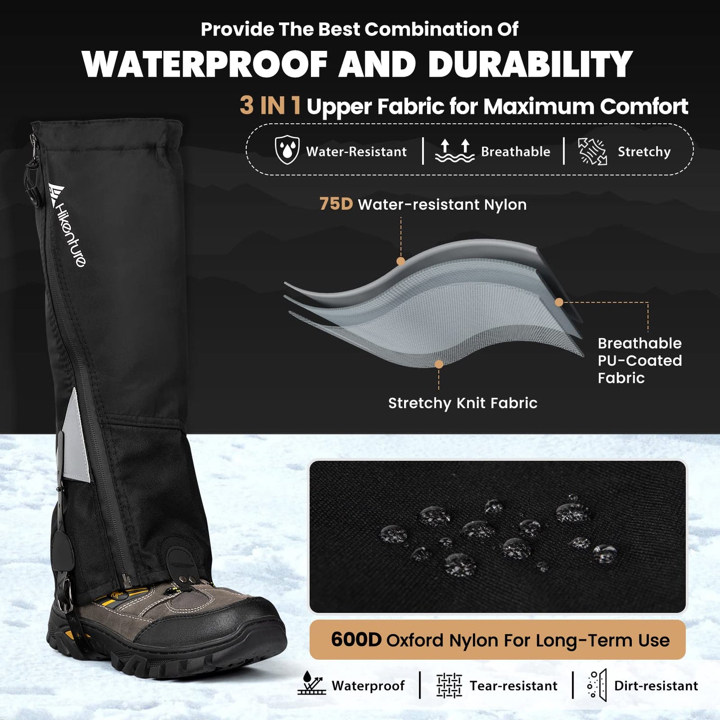 Hikenture Hiking Gaiters with Upgraded Zipper, Gators for Hiking Boots Waterproof, Lightweight Shoe Leg Gaiters for Men Women (Black, Large)