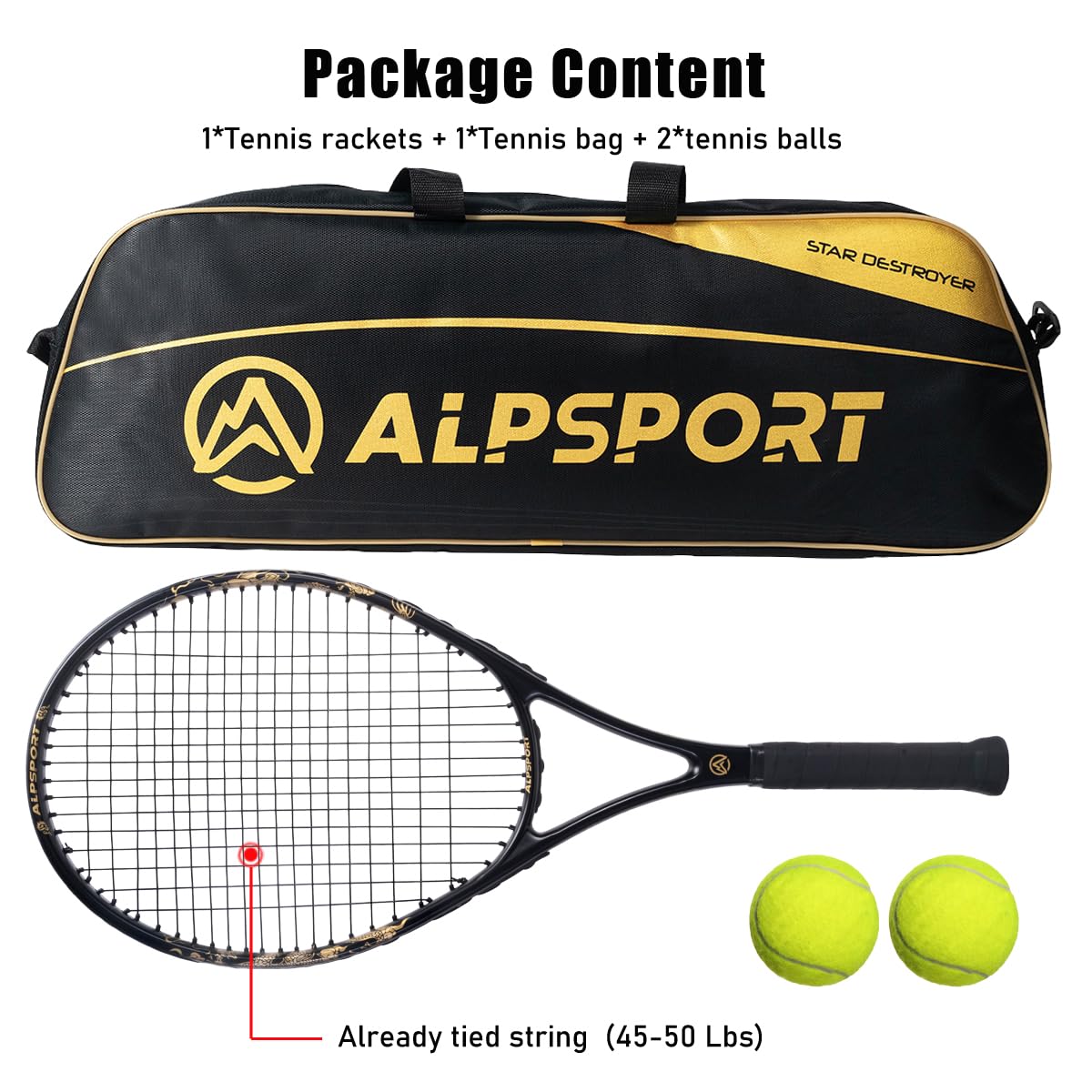 ALPSPORT JL Golden Dragon Pattern Tennis Racket for Adults 27 inch, Durable Pre-Strung Racquet with 1 Tennis Bag and 2 Tennis Balls, Outdoor Recreational Sport for Beginner Playing