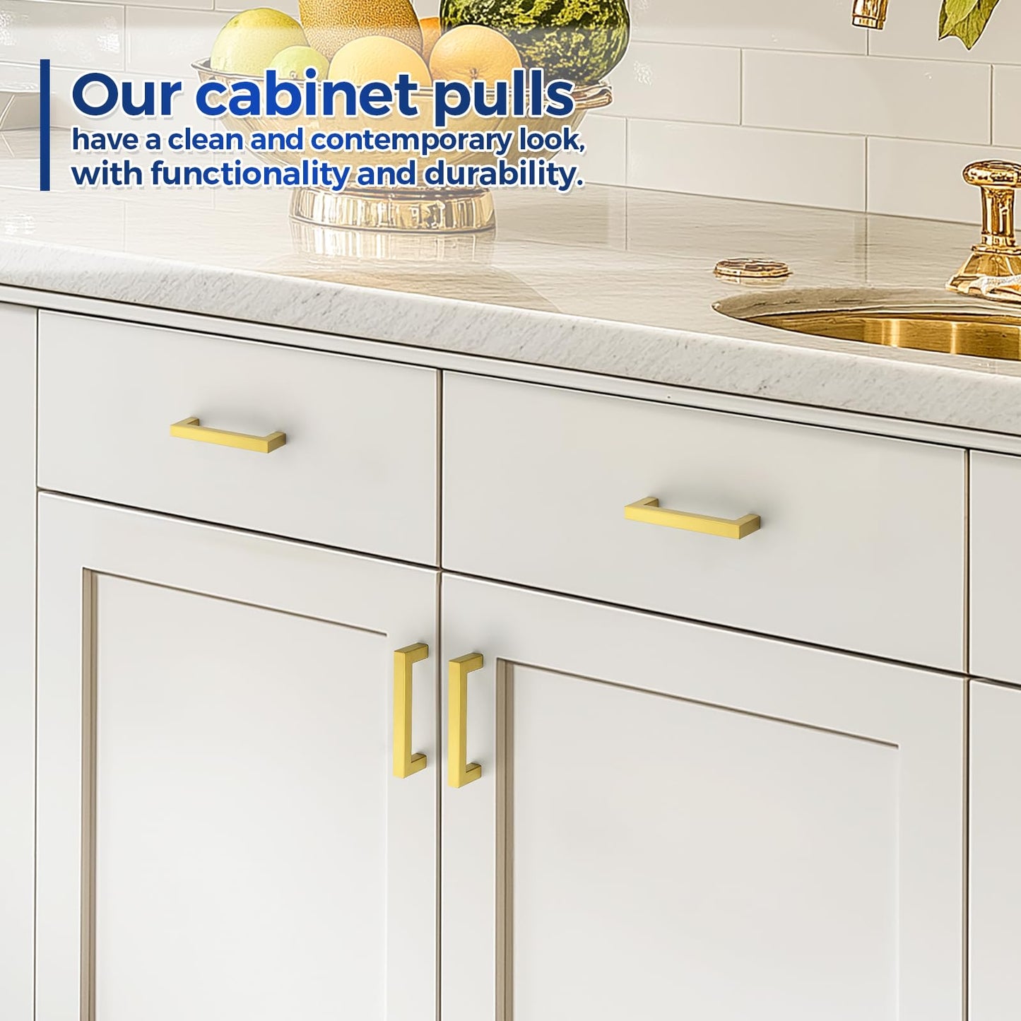 JOY DECOR 2 Pack Cabinet Handles, Gold Cabinet Pulls, 4 Inch Kitchen Handles Square Drawer Pulls Stainless Steel Drawer Hardware Handles, 102mm Hole Centers