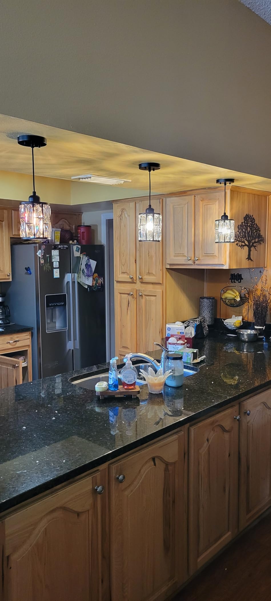 2 Pack 1 Light 5.3" Crystal Hanging Kitchen Island Pendant Light Black Finish,Concise Pendant Fixture Crystal Plate Metal Shade for Bar,Dining Room,Living Room Over Sink