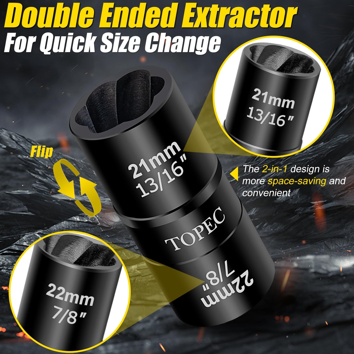 Topec 21mm x 22mm Flip Lug Nut Extractor, 1/2" Drive Lug Nut Removal Tool, 2-IN-1 Wheel Lock Remover Socket