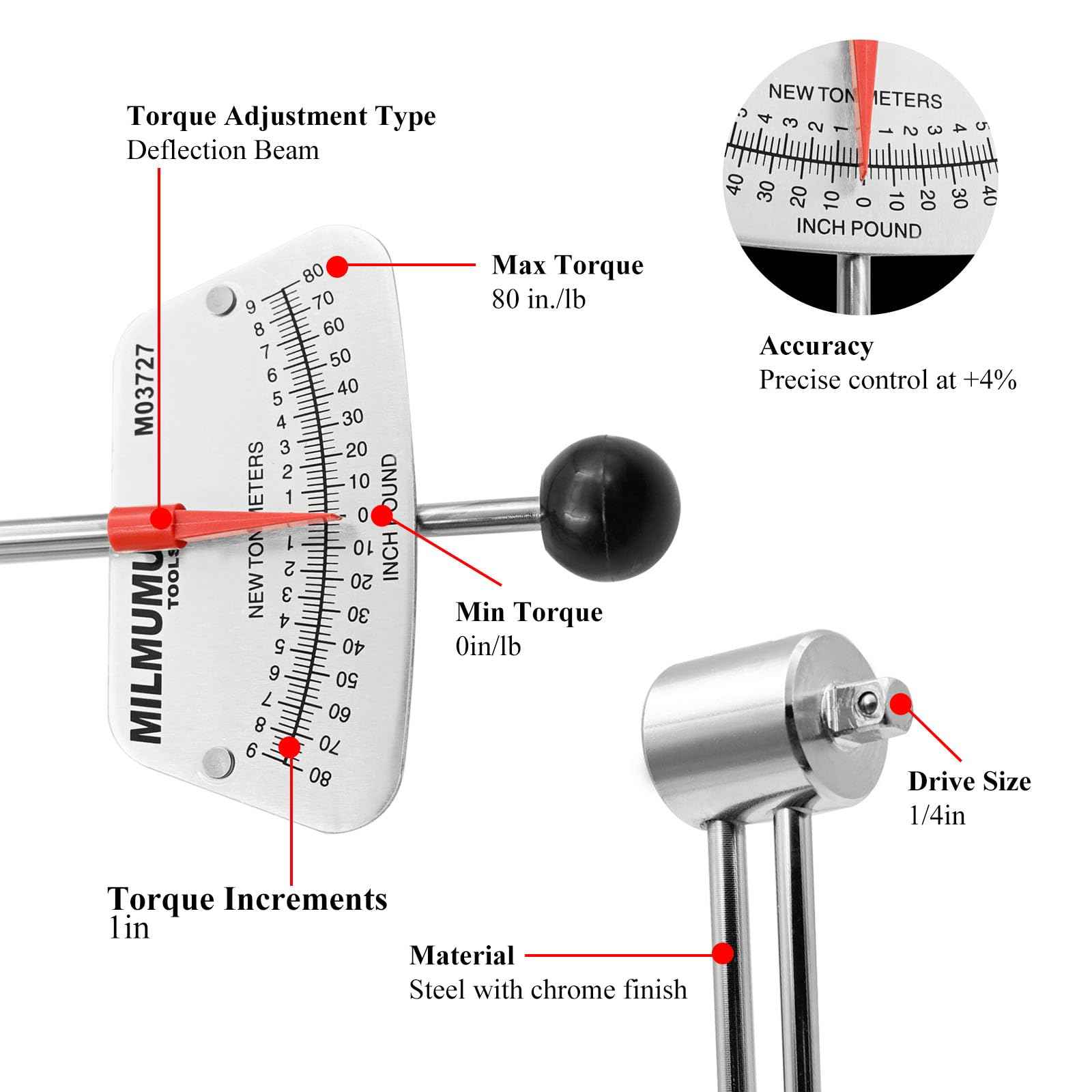 MILMUMU 1/4" Drive Beam Torque Wrench Precision Instrument-Compatible with SAE and MM Bicycle and Automotive Wrench -0-80 Inch-Pounds, 0-9 Newton Meters