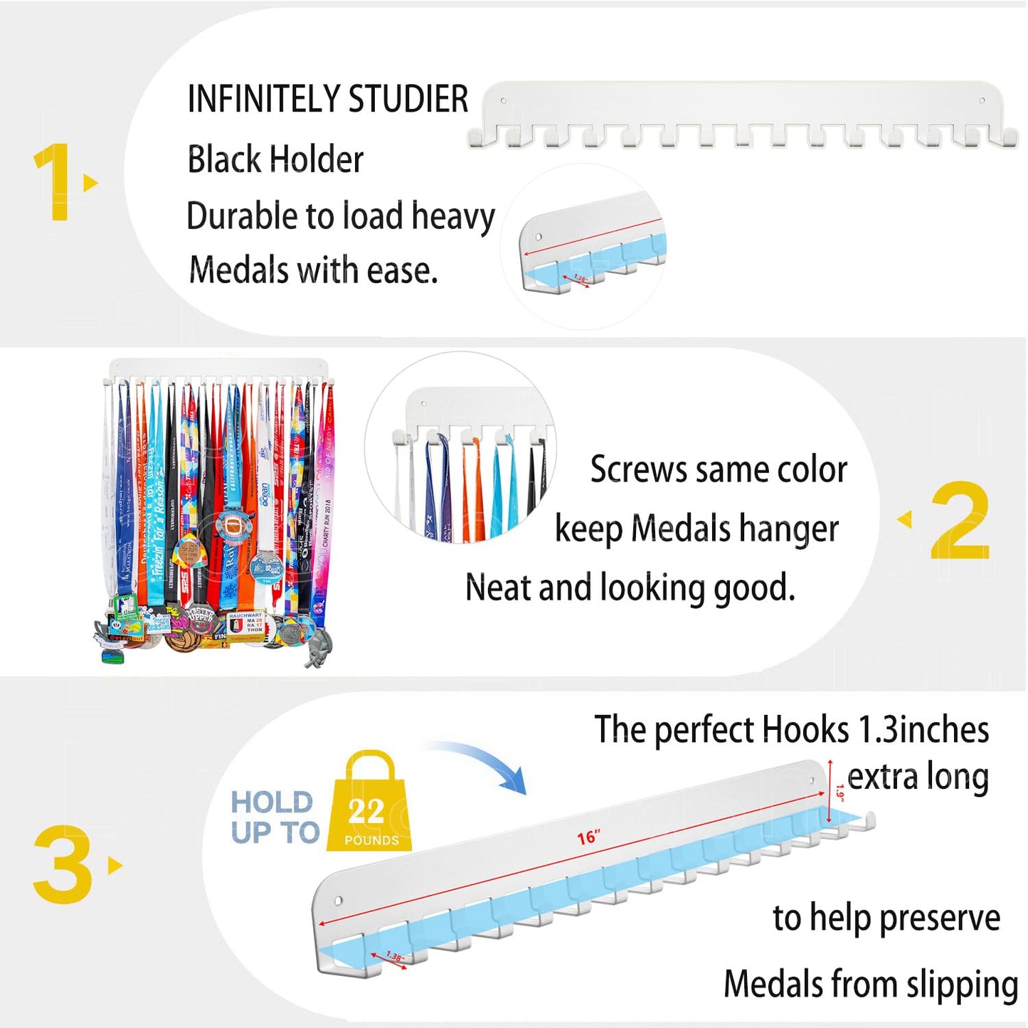 Lapetale Fashion White Medal Hanger Holder Display Wall Rack Frame-Running Medal Hanger Display Awards Ribbon Cheer,Marathon,Gymnastics,Soccer,Softball