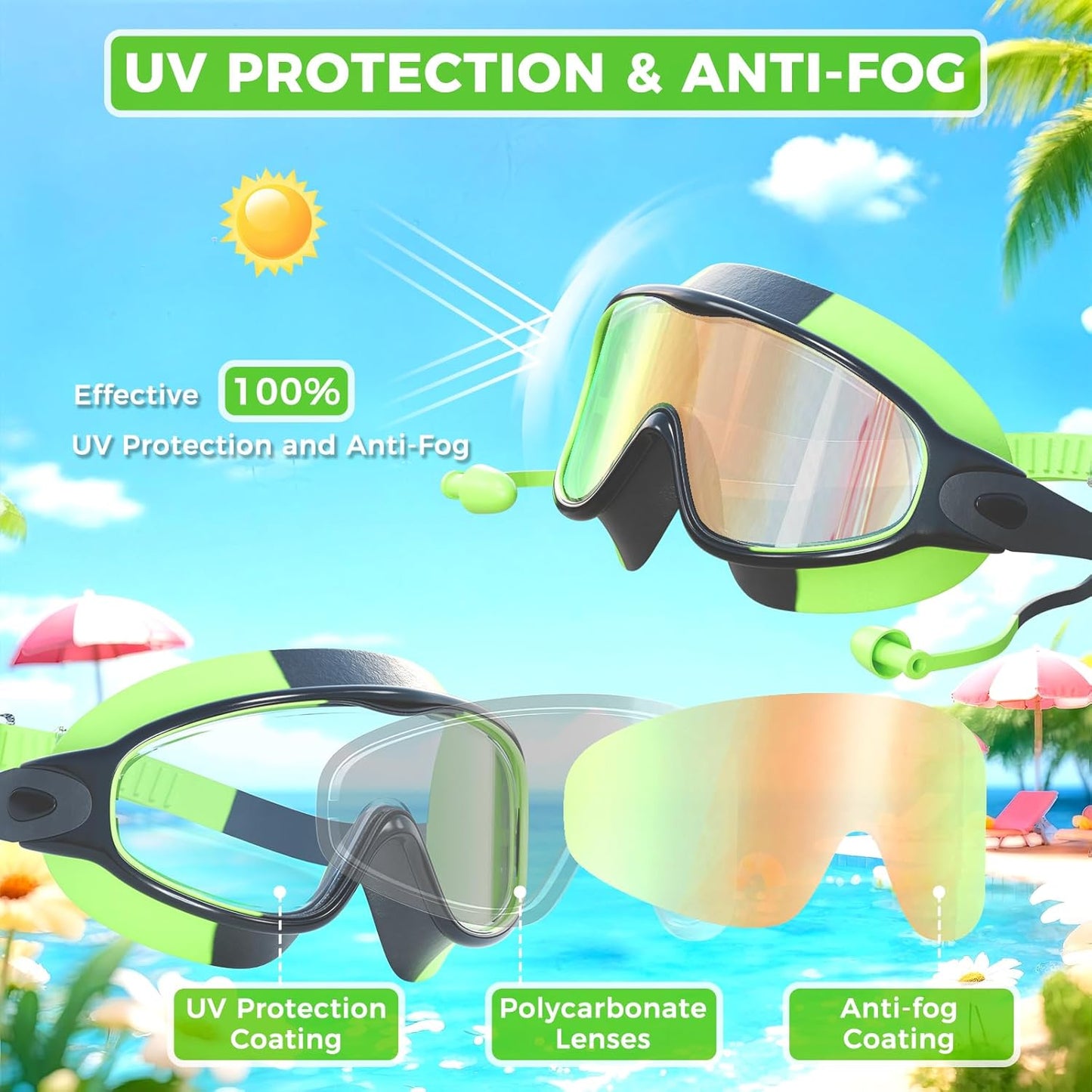 Skiennix Swimming Goggles - Anti-Fog UV Protection with Earplugs | 3 Pack for Kids Ages 4-12