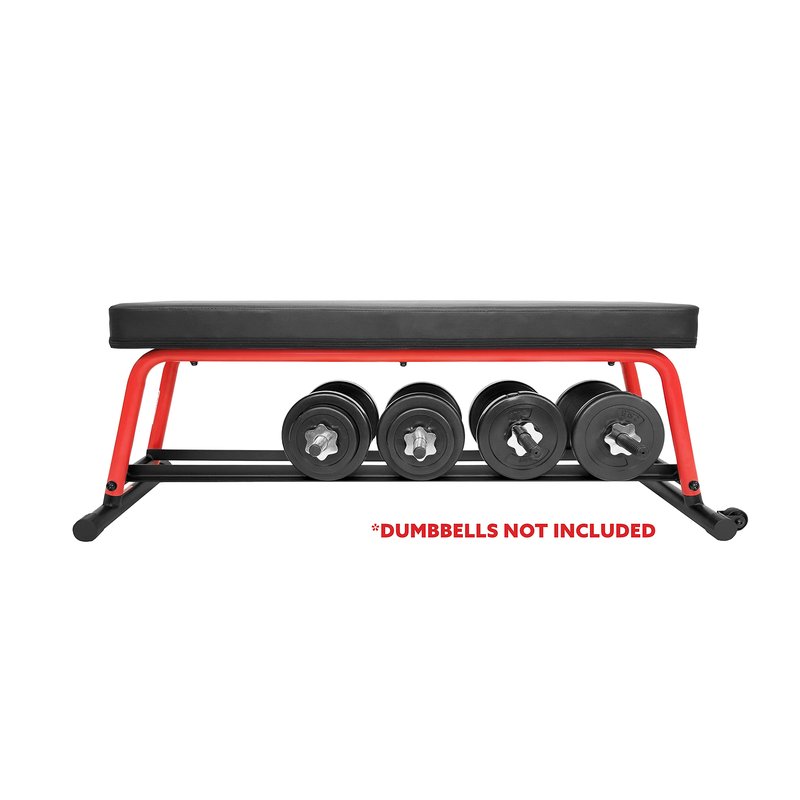 Sunny Health & Fitness Power Zone Strength Flat Bench with Dumbbell Rack and Transport Wheels - SF-BH6996, Black