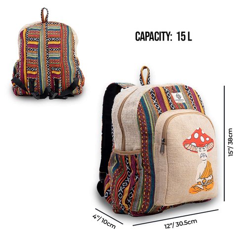 Mushroom Head Hemp Backpack Bag - Eco Friendly Hippie Yak Design Durable Functional Traveling Hiking Friendly Casual Daypack Bag by Freakmandu
