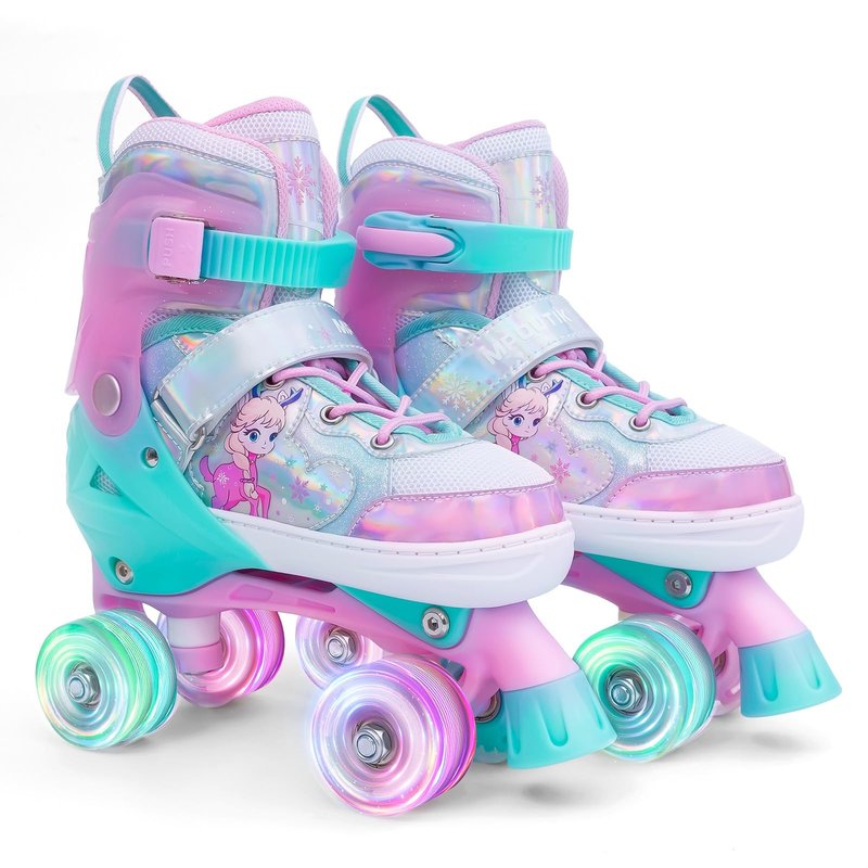 Boys Girls Adjustable Roller Skates Wheels Luminous Light Up Roller Skate for Kids Children Teens (Pink, Medium)