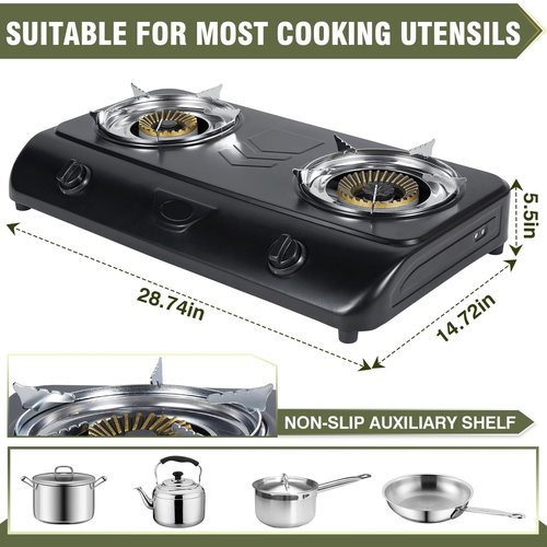 BESTFIRE Portable Outdoor Propane Stove - 9000/12000 BTU Dual Burners with Auto Ignition, Rust-Resistant Steel, Regulator & Hose, Perfect for Camping, RV, Tailgating, BBQ, Compact 28.74"×14.76"×5.51"