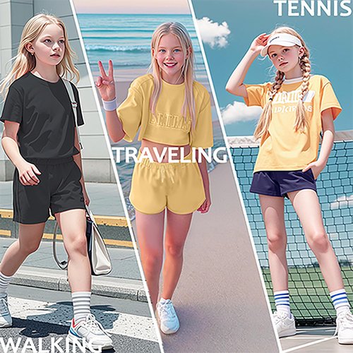 Kid Nation Girls Athletic Shorts Cotton Girls Running Shorts with Pockets Drawstring Kids Soccer Gym Workout Sports Active Shorts Black 10-12 Years