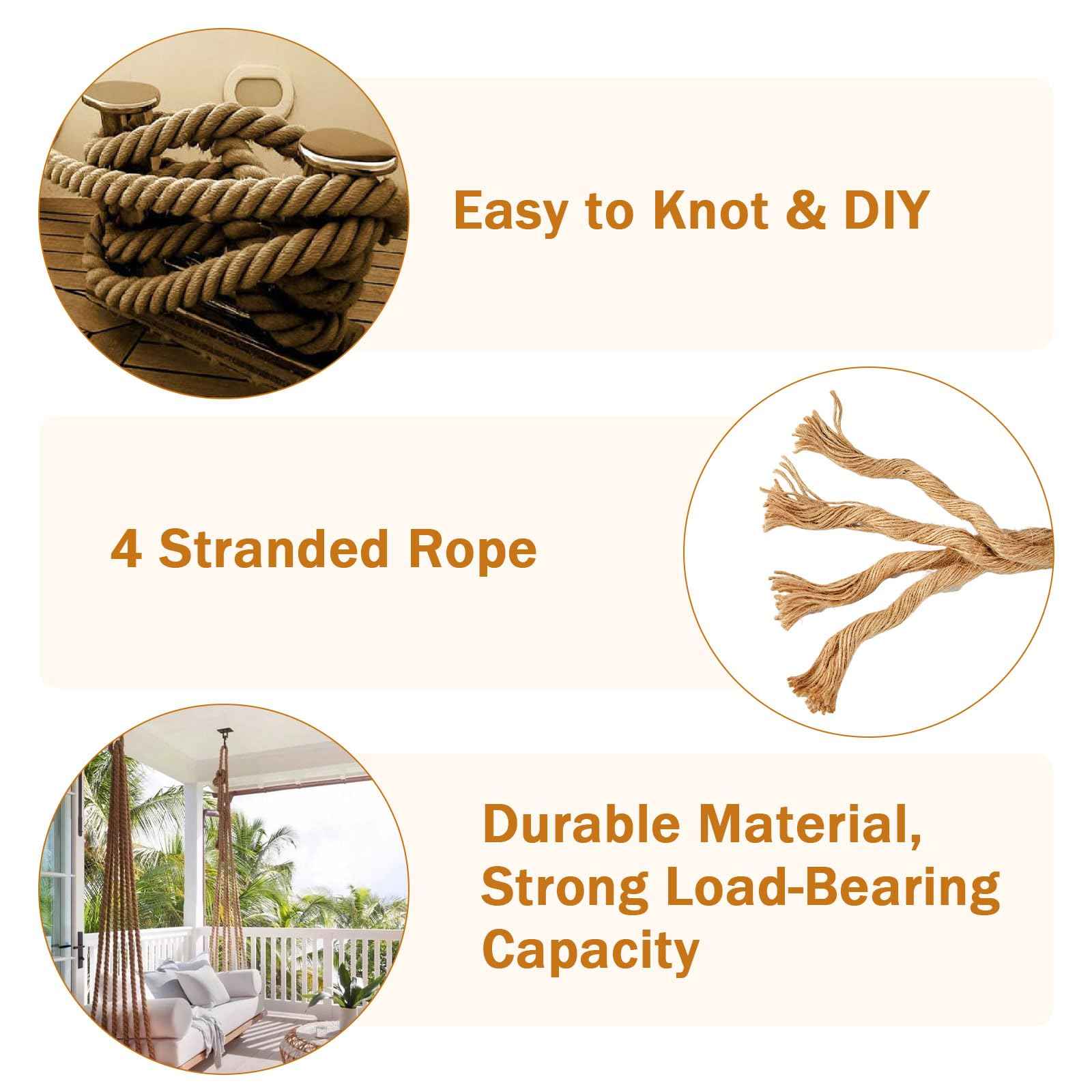 Kweetle Jute Rope 1/2 Inch x 50 FT, Hemp Rope Twisted Heavy Duty Jute Rope, Manila Rope for Home Decor Crafts Swing Rope Railing Climbing Decorating