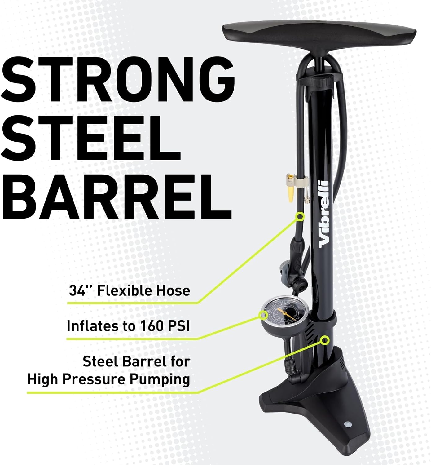 Vibrelli Bike Floor Pump with Gauge - High Pressure 160 PSI | Presta & Schrader Compatible, Includes Puncture Kit