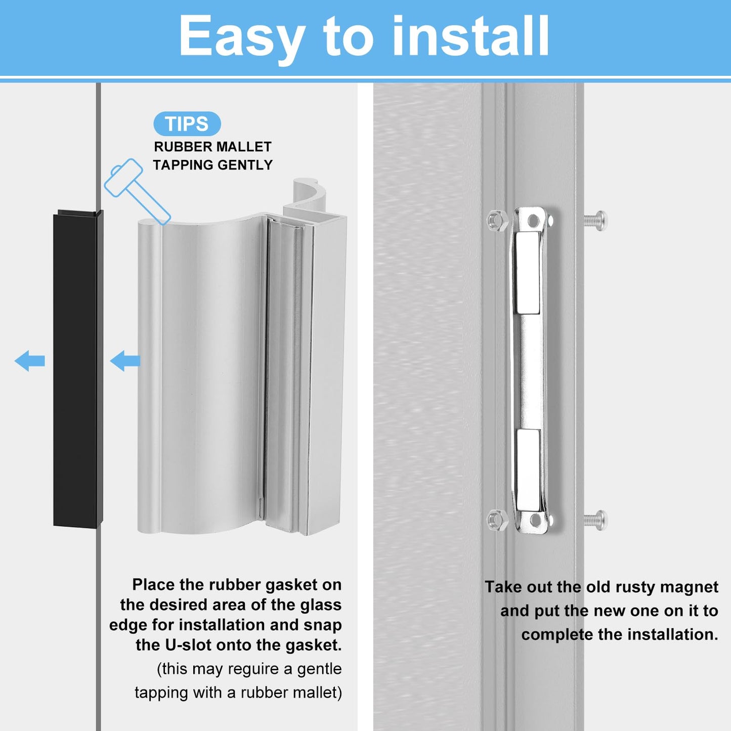 VYH 3" Aluminum Frameless Shower Door Handle with Metal Strike, Stainless Steel U-Channel with Magnet for Swing Glass Door Thickness 1/8",5/32",3/16," and 1/4", Shower Door Replacement