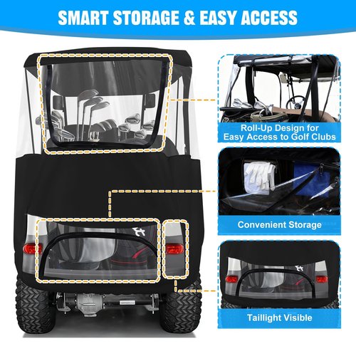 iLSKW Golf Cart Driving Enclosure 2 Passenger Only for Club Car Precedent 2004-Up, Tempo & Onward 2017-Up Cart with Roll Up Door Zipper Design, 4-Side Clear Windows 600D Heavy Duty Rain Cover, Black
