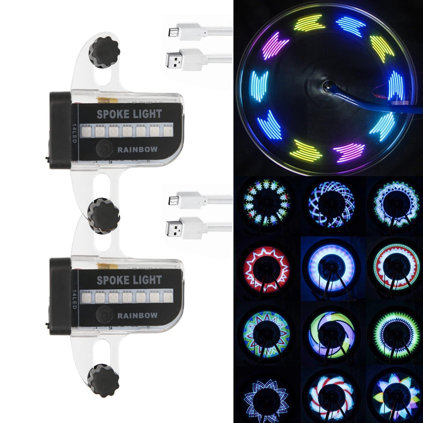 Rechargeable Bike Wheel Spoke Lights Built-in Motion Sensor - Waterproof Led Bicycle Wheel Spoke Lights, 30 Patterns Night Riding Decoration and Safety for Kids and Adults Bicycles, 2 Pack