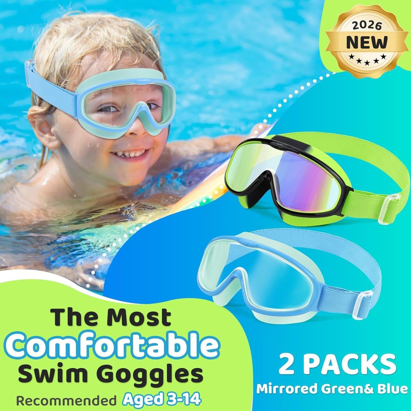 Vvinca Kids Swim Goggles - Wide View Anti-Fog & UV Protection | Comfortable Fabric Strap for Ages 3-14