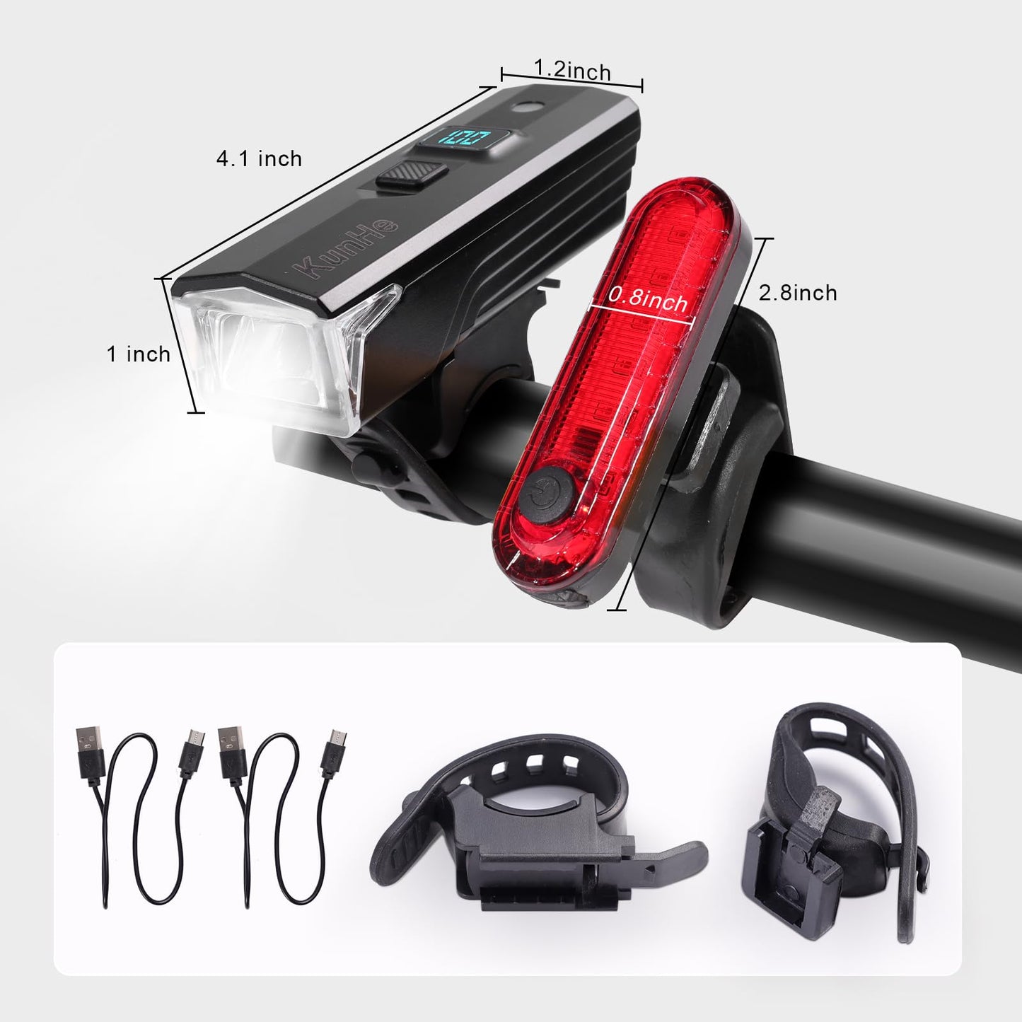 KunHe 2 Pack 300 Lumens 1600 Amh Bike Light Set Rechargeable Front & Rear Bicycle Lights with Auto Dimming IPX4 Waterproof 5 Modes for Cycling